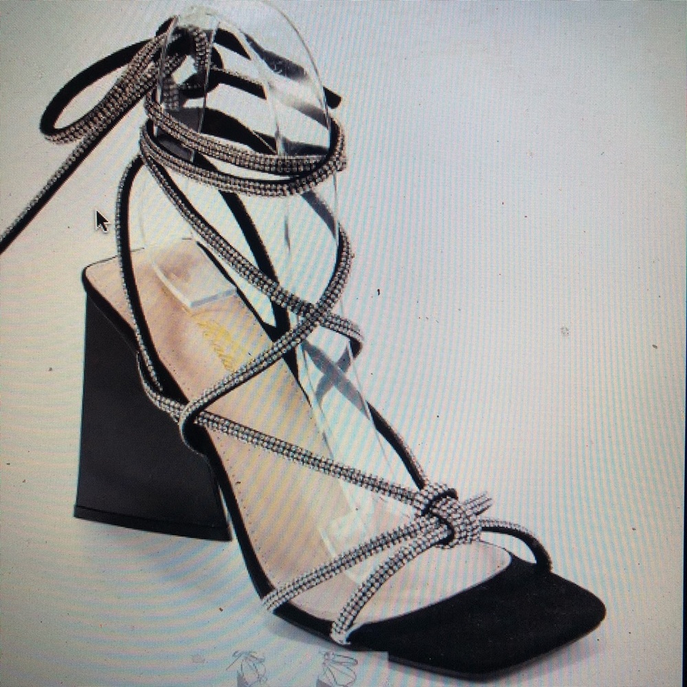 New rhinestone chunky heel strappy sandals lace up